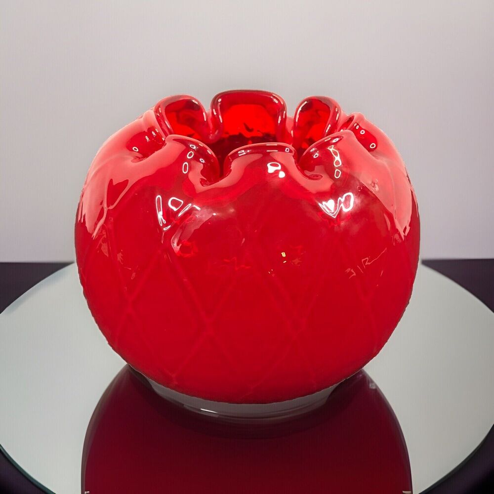 Vintage Crimped Ruffled Vase Ruby Red Blown Art Glass Bowl Diamond Quilt 4t X 5w